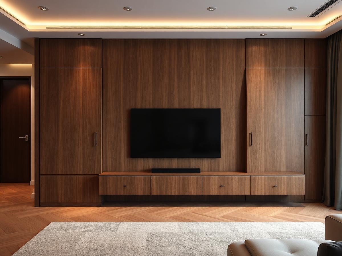 Walnut veneer media wall with integrated shelving in a luxury apartment