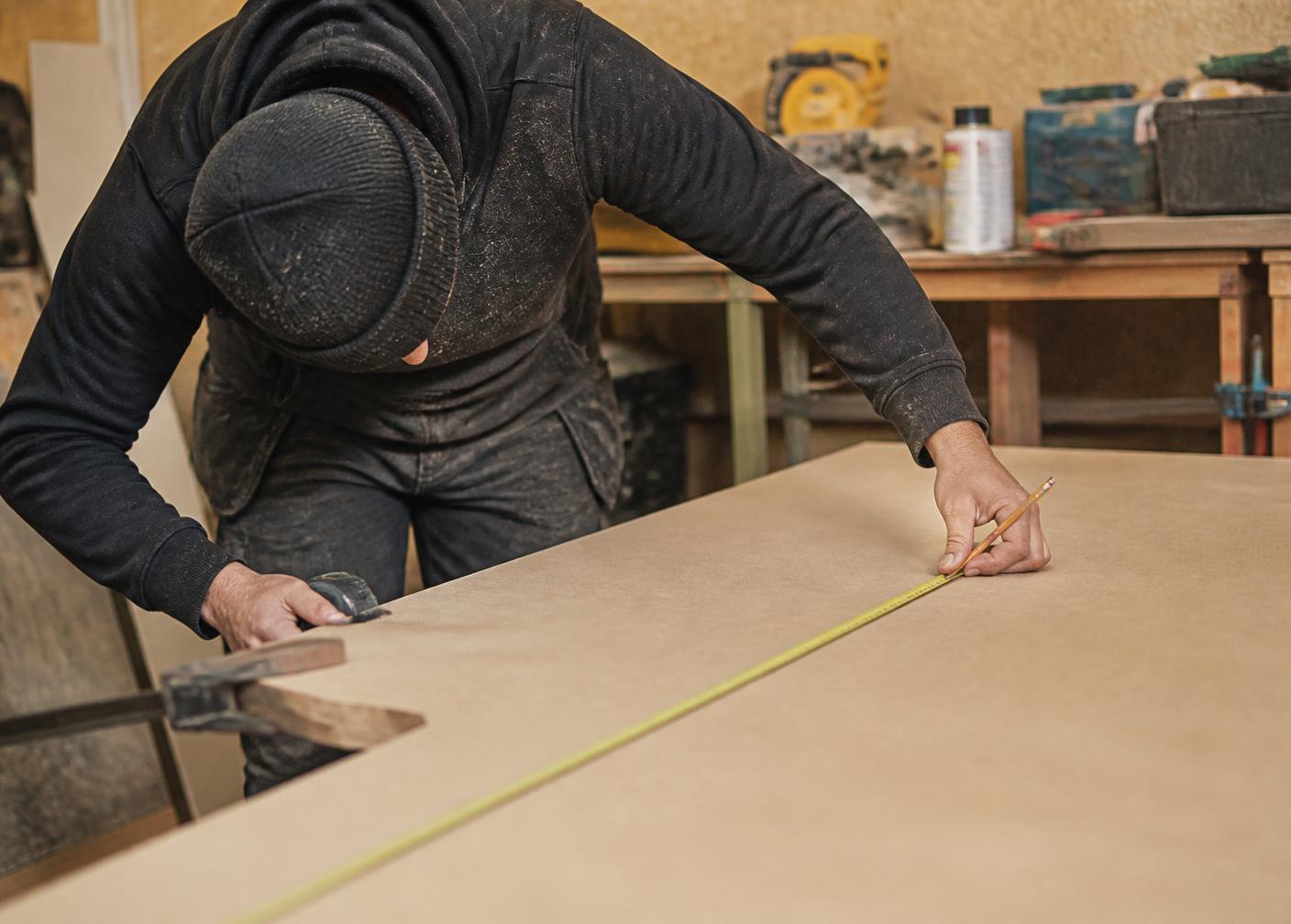 A fitter measuring a panel for a media wall build in a workshop